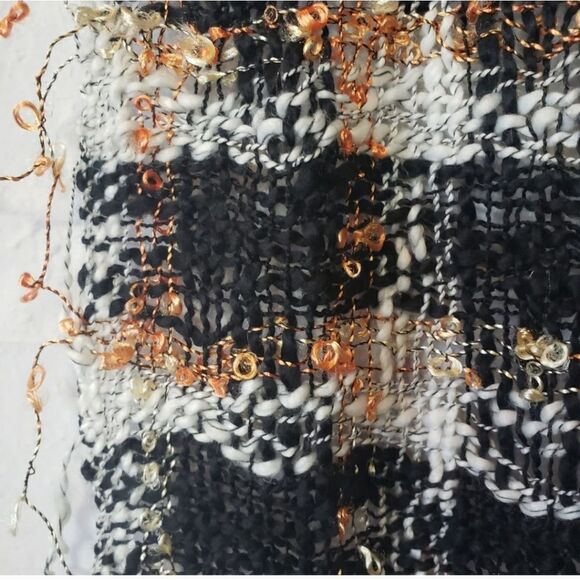 POPCORN KNIT Plaid Fringed Lightweight Scarf Orange Black White - Picture 3 of 5